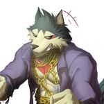  2017 abs anthro canine chain clothed clothing dog fur garmr kemono male mammal muscular pecs simple_background skarltano smile tokyo_afterschool_summoners 