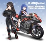  2girls absurdres biker_clothes bikesuit black_hair blue_hair boots brown_eyes flick_(sal23) ground_vehicle highres idolmaster idolmaster_cinderella_girls kurokawa_chiaki long_hair motor_vehicle motorcycle multiple_girls red_eyes sajou_yukimi thigh_boots thighhighs 