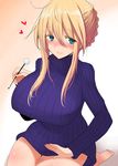  artoria_pendragon_(all) artoria_pendragon_(lancer) blonde_hair blue_eyes bottomless braid breasts commentary_request fate/grand_order fate_(series) french_braid han_(jackpot) heart lap_pillow_invitation large_breasts mimikaki ribbed_sweater seiza sitting solo sweater 