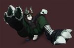  2015 3_toes anthro blue_eyes brown_hair claws clothed clothing foot_focus fur grey_fur hair hindpaw lagomorph looking_at_viewer male mammal oselotti pants pawpads paws rabbit simple_background sitting solo teeth toe_claws toes transformation white_fur 