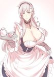  apron azur_lane bangs belfast_(azur_lane) blue_dress blue_eyes blush breasts chain cleavage closed_mouth collar cup detached_sleeves dress eyebrows_visible_through_hair highres huge_breasts long_hair looking_at_viewer maid maid_apron maid_headdress metal_collar nakamura_regura pink_background silver_hair sketch smile solo standing teacup tray upper_body 