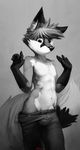  2015 anthro black_fur canine claws clothed clothing fox fur hair looking_at_viewer male mammal monochrome navel oselotti pants simple_background smile solo standing topless undressing 