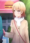  absurdres blush brown_eyes brown_hair closed_mouth coat gloves highres isshiki_iroha kukie-nyan long_sleeves looking_at_another out_of_frame outdoors red_gloves short_hair smile solo_focus yahari_ore_no_seishun_lovecome_wa_machigatteiru. 