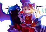  ascot blonde_hair bow commentary flandre_scarlet gen_1_pokemon gen_2_pokemon golbat hat hat_bow highres holding houndoom looking_at_viewer mob_cap pokemon pokemon_(creature) puffy_short_sleeves puffy_sleeves red_bow red_eyes sakipsakip short_hair short_sleeves side_ponytail touhou wings wrist_cuffs yellow_neckwear 