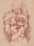  1other :3 :d absurdres androgynous animal_ears bangs beltbra breasts collarbone furry hair_between_eyes hand_on_back hand_on_head happy highres holding hug huge_filesize line_shading long_hair looking_at_viewer made_in_abyss messy_hair mitty_(made_in_abyss) mitty_(made_in_abyss)_(human) monochrome nanachi_(made_in_abyss) navel open_mouth plague_of_gripes small_breasts smile teardrop tearing_up teeth upper_body 