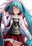  absurdres aqua_hair bad_id bad_pixiv_id bangs bed_sheet black_shirt blue_nails blush collarbone cowboy_shot eyebrows_visible_through_hair fingernails from_above glasses hatsune_miku highres jacket jewelry long_hair long_sleeves looking_at_viewer lying nail_polish natural_(module) necklace nervous nose_blush on_back open_clothes open_jacket open_mouth pendant petticoat plaid plaid_skirt pleated_skirt project_diva_(series) red_eyes red_skirt round_teeth shirt single_thighhigh skirt sleeves_past_wrists solo striped striped_legwear sweat tareme teeth thighhighs tsukishiro_saika twintails very_long_hair vocaloid white_jacket wide-eyed zettai_ryouiki 