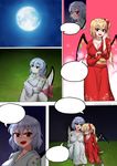  absurdres bad_id bad_pixiv_id bat_wings blank_speech_bubble blue_hair blush breasts cleavage closed_eyes comic commentary commission dungbae flandre_scarlet full_moon highres japanese_clothes kimono large_breasts leg_hug long_hair long_sleeves looking_at_another moon multiple_girls night nose_blush older on_grass outdoors red_eyes red_kimono remilia_scarlet short_hair siblings side_ponytail sisters sitting smile speech_bubble touhou white_kimono wings 