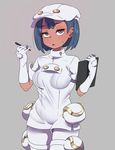  aether_foundation_employee aether_foundation_uniform black_eyes black_hair breasts clipboard clothes dark_skin ganbari_mascarpone hat highres medium_breasts open_mouth pen pokemon pokemon_(game) pokemon_sm short_hair short_sleeves sweatdrop thigh_pouch unamused uniform 