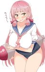  akashi_(kantai_collection) blue_sailor_collar breasts commentary_request cosplay cowboy_shot green_eyes hair_ribbon i-58_(kantai_collection) i-58_(kantai_collection)_(cosplay) kantai_collection kusano_(torisukerabasu) large_breasts leaning_forward long_hair pink_hair pink_neckwear ribbon sailor_collar school_swimsuit school_uniform serafuku solo swimsuit swimsuit_under_clothes torpedo translation_request tress_ribbon 