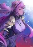  1girl artist_name bangs blush bodysuit breasts circlet commentary_request covered_navel damda eyebrows_visible_through_hair fate/grand_order fate_(series) hair_between_eyes large_breasts long_hair looking_at_viewer pauldrons purple_bodysuit purple_hair red_eyes ruby_(gemstone) scathach_(fate)_(all) scathach_(fate/grand_order) solo taut_bodysuit very_long_hair 