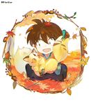  :d atsumi_jun autumn_leaves brown_hair child creature day eyebrows_visible_through_hair fangs food fox_tail framed hair_between_eyes holding inuyasha kirara_(inuyasha) leaf leaf_on_head long_hair long_sleeves looking_at_another male_focus maple_leaf open_mouth outdoors pointy_ears ponytail sanpaku shippou_(inuyasha) slit_pupils smile squatting tail tree wagashi 