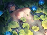  blue_eyes breasts fish floating flower frog highres koi large_breasts lily_pad lips looking_at_viewer lotus lying nipples nude on_back open_mouth original partially_submerged purple_hair short_hair solo yin-ting_tian 