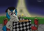  alcohol beret beverage bread candle chair cigarette digital_media_(artwork) eiffel_tower equine food france french friendship_is_magic hat horn horse mammal my_little_pony outside pokefound pony sitting smoke solo table text unicorn vinyl_scratch_(mlp) wine 