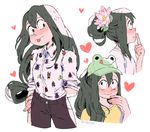  alternate_hair_length alternate_hairstyle animal_hat animal_print asui_tsuyu baseball_cap black_hair blush boku_no_hero_academia breasts casual collage commentary constricted_pupils fashion flower frog_girl frog_hat hair_bun hair_flower hair_ornament hat heart insect_print long_hair low-tied_long_hair multiple_views print_shirt rii_abrego shirt sleeves_pushed_up small_breasts 