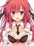  :d bat_wings between_breasts black_bra black_neckwear blush bra breasts commentary_request head_wings highres koakuma large_breasts long_hair long_sleeves looking_at_viewer maturiuta_sorato necktie necktie_between_breasts open_clothes open_mouth open_shirt parted_lips red_eyes red_hair shirt smile solo touhou underwear upper_body white_shirt wings 