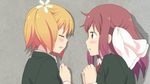  2girls blonde_hair blush canon couple embarrassed eyes_closed hair_ornament hairclip looking_at_another lying multiple_girls official open_mouth pink_eyes pink_hair ribbon sakura_trick school_uniform screencap sonoda_yuu takayama_haruka uniform yuri 