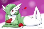  1girl 2017 ass breasts crossed_arms dated erect_nipples full_body gardevoir green_hair green_leotard hair_over_one_eye half-closed_eyes heart highres jeffthehusky jpeg_artifacts large_breasts leotard looking_at_viewer lying no_humans on_stomach poke_ball pokemon pokemon_(creature) pokemon_rse purple_background red_eyes signature simple_background smile solo text 
