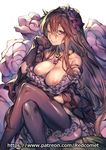  artist_name bare_shoulders breasts brown_hair cleavage dress flower gloves granblue_fantasy hair_between_eyes hair_flower hair_ornament jewelry large_breasts long_hair looking_at_viewer nipples no_panties one_eye_closed patreon_username pendant purple_eyes pussy redcomet rose rosetta_(granblue_fantasy) smile solo thighhighs watermark web_address 