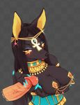  2017 absurd_res anthro anubis black_fur black_hair blush breasts canine claws cleavage clothed clothing deity disembodied_penis duo ear_piercing erection eyelashes eyeshadow female female_focus fur glowing glowing_claws grey_background hair half-closed_eyes half-length_portrait handjob hi_res human human_on_anthro interspecies jackal jewelry looking_at_viewer makeup male male/female male_on_anthro mammal nipple_piercing nipples open_mouth penis piercing portrait precum red_eyes rigi sex simple_background solo_focus vein veiny_penis 