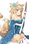  animal_ears areola_slip areolae azur_lane bangs bare_shoulders bell between_legs between_thighs blonde_hair blue_bow blue_dress blue_eyes blue_kimono blush bow breasts cleavage commentary_request dress flower fujieda_uzuki hair_flower hair_ornament hair_stick highres holding japanese_clothes jingle_bell katana kimono long_hair long_sleeves looking_at_viewer medium_breasts multiple_tails niizuki_(azur_lane) off-shoulder_dress off_shoulder open_mouth pom_pom_(clothes) red_ribbon ribbon sheath sheathed simple_background sitting solo_focus sword tail tareme thighhighs weapon white_background white_legwear wide_sleeves zettai_ryouiki 