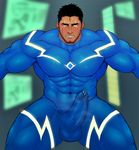  1boy abs bara blush bugle erection facial_hair male_focus muscle pecs penis restrained solo solo_focus toto_(artist) 