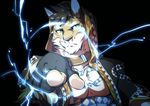  2017 abs anthro cat chest_tuft claws clothed clothing clouded_leopard collar digital_media_(artwork) electricity feline fingerless_gloves fur gloves hair lightning likulau male mammal muscular muscular_male nekojishi open_shirt orzero pecs pointing_at_viewer shirt simple_background solo tattoo tuft 