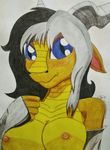  anthro breasts dragon fan_character female hellcatkampfer95 horn nipples nude scalie simple_background solo traditional_media_(artwork) 