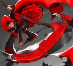  bent_over black_eyes black_hair black_legwear boots cape crescent_rose dress frilled_dress frilled_skirt frilled_sleeves frills fukuda_(okometani) full_body highres long_sleeves looking_at_viewer looking_back pantyhose red_cape red_hood ruby_rose rwby scythe short_hair skirt solo weapon 