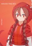  amazon_tree_boa_(kemono_friends) artist_name braid character_name commentary_request epic_nao highres hood kemono_friends long_hair orange_background red_eyes simple_background slit_pupils snake_tail solo tail twin_braids upper_body 