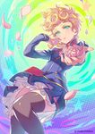  absurdres artist_name blonde_hair blue_jacket blue_skirt blush braid breasts curly_hair feet_out_of_frame finger_to_mouth flower flower_request frilled_skirt frills genderswap genderswap_(mtf) giorno_giovanna green_eyes grey_legwear highres holding holding_flower jacket jojo_no_kimyou_na_bouken kotatsu_(g-rough) light_smile long_sleeves looking_at_viewer multicolored multicolored_background parted_lips petals pink_flower single_braid skirt small_breasts solo thighhighs turtleneck vento_aureo 