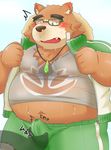  2017 anthro bake_gosut bear belly blush brown_fur bulge clothed clothing eyewear floating_hand fur glasses hat male mammal overweight overweight_male shirt solo straw_hat sweat tokyo_afterschool_summoners volos 