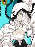  blush breasts cleavage commentary covered_nipples entombed_air_defense_guardian_hime goma_(gomasamune) green_eyes hair_between_eyes highres hood hood_up kantai_collection large_breasts long_hair looking_at_viewer one_eye_covered parted_lips rigging shinkaisei-kan solo white_hair 