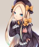  abigail_williams_(fate/grand_order) black_bow black_dress blonde_hair blue_eyes bow check_commentary closed_mouth commentary commentary_request dress eyebrows_visible_through_hair fate/grand_order fate_(series) frilled_sleeves frills furumiya_neko gothic_lolita gradient gradient_background hair_bow hand_on_own_chin hat highres lolita_fashion long_hair long_sleeves looking_at_viewer orange_bow sleeves_past_fingers sleeves_past_wrists solo stuffed_animal stuffed_toy 