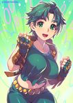  :d arm_belt artist_name backpack bag bangs breasts bright_pupils cowboy_shot eyebrows_visible_through_hair fingerless_gloves genderswap genderswap_(mtf) gloves green_background green_eyes green_gloves green_hair green_pants green_shirt highres jojo_no_kimyou_na_bouken jonathan_joestar kotatsu_(g-rough) large_breasts looking_at_viewer midriff_peek multicolored multicolored_background navel open_mouth pants phantom_blood shirt short_hair smile solo standing thick_eyebrows 