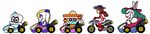  3girls blonde_hair bunny cappy_(mario) commentary dress fat furry ghost gloves go_kart green_hair hariet_(mario) hat highres instrument jpsupper lipstick long_image looking_at_viewer madame_broode makeup maracas mario_(series) mario_kart mario_kart_8 multiple_girls official_style pauline_(mario) poncho racing_suit red_gloves scarf simple_background skeleton sombrero super_mario_bros. super_mario_odyssey top_hat tostarenan white_background white_gloves wide_image 
