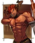  abs black_neckwear bottle bow bowtie chest_tattoo dark_skin dark_skinned_male detached_collar highres horns ifrit_(tokyo_houkago_summoners) looking_at_viewer lvlv male_focus muscle nipples pointy_ears red_hair shirtless solo tattoo tokyo_houkago_summoners toned toned_male tray wine_bottle 
