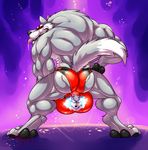  2017 4_toes 5_fingers abs anthro back_muscles black_nose bulge canine clothed clothing darkstalkers drooling eye_patch eyewear fingerpads fur grey_fur grey_hair hair huge_muscles hungothenomster jon_talbain looking_back male mammal multicolored_fur muscular muscular_male pawpads paws pose purple_background raised_tail saliva sharp_teeth simple_background smile solo standing stanley_(hungothenomster) teeth tight_underwear toes tongue tongue_out topless two_tone_fur underwear video_games were werewolf white_fur wolf 