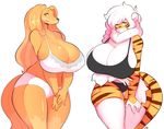  2017 anthro big_breasts black_nose breasts buxbi_(character) canine cleavage clothed clothing dog dogmom duo fangs feline female hair hi_res huge_breasts legwear lingerie long_hair looking_at_viewer mammal pink_nose saluki simple_background stripes theycallhimcake tiger white_background white_hair 