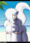  2014 anthro areola beach bedroom_eyes big_breasts big_hair big_tail blush breasts casual_nudity chess_(character) droll3 erect_nipples female fur hair hair_over_eye half-closed_eyes horny_(disambiguation) leaning leaning_forward long_tail looking_at_viewer mammal multicolored_fur nipples nude open_mouth seaside seductive skunk two_tone_fur 