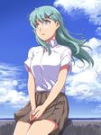  bangs blue_eyes blue_sky breasts brown_skirt cloud cloudy_sky cowboy_shot day eyebrows_visible_through_hair green_hair hair_between_eyes ishii_hisao kantai_collection large_breasts long_hair looking_away looking_to_the_side outdoors own_hands_together parted_lips pleated_skirt school_uniform shirt short_sleeves sitting skirt sky solo suzuya_(kantai_collection) uniform v_arms white_shirt 