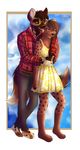  5_fingers african_wild_dog anthro barefoot black_hair brown_eyes brown_hair canine clothed clothing digital_media_(artwork) duo hair hyena mammal mifa open_mouth smile tongue 