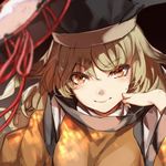  blonde_hair commentary_request detached_sleeves drum hand_rest hat instrument long_hair looking_at_viewer matara_okina no-kan orange_eyes smile solo touhou yellow_eyes 