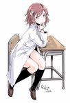  artist_name black_legwear brown_eyes brown_hair chair desk flower hair_flower hair_ornament hand_on_own_chin highres labcoat misaka_mikoto relaxjon school_chair school_desk short_hair signature simple_background sitting solo to_aru_kagaku_no_railgun to_aru_majutsu_no_index white_background 