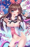  ;o a.i._channel artist_name bare_shoulders between_legs black_ribbon blue_eyes blue_sky blurry blush bottomless breasts breasts_outside brown_hair censored cherry_blossoms cowboy_shot day depth_of_field detached_collar detached_sleeves groin hair_ribbon heart heart-shaped_pupils heart_of_string highres kizuna_ai long_hair long_sleeves looking_at_viewer medium_breasts mosaic_censoring multicolored_hair navel neck_ribbon nipples nose_blush one_eye_closed open_mouth outdoors pink_hair pink_ribbon ribbon round_teeth sky sleeves_past_wrists solo squchan standing stomach symbol-shaped_pupils teeth tentacles thighs two-tone_hair water_drop wrist_grab 