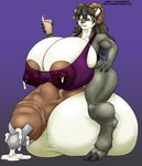  2017 anthro areola balls beverage big_balls big_breasts black_hair bottomless breasts caprine clothed clothing cum dickgirl fur gradient_background hair holding_object hooves horn huge_balls huge_breasts humanoid_penis hyper hyper_balls hyper_breasts hyper_penis ignatius_husky intersex lactating long_hair mammal mindy_(spyingredfox) nipples penis purple_eyes shirt simple_background solo tank_top tape translucent transparent_clothing 