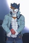  abs agonylight anthro biceps big_muscles black_fur bulge canine cellphone claws clothed clothing fur hi_res kemono looking_at_viewer male mammal muscular necktie outside pants pecs penis phone seaside smile solo standing topless ty_arashi white_fur wolf yellow_eyes 