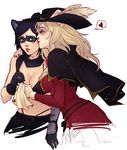  animal_humanoid anthro bandit_(cathare) black_hair blonde_hair breasts cape cat cleavage clothed clothing crying duo feline female female/female green_eyes hair hat humanoid kissing mammal pirate-cashoo pockets_(dicknation) procyonid raccoon sad tears 