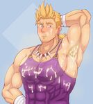  abs armpit bara biore_(artist) blonde_hair blush body_hair cum cum_on_body male_focus muscle pecs solo_focus sweat yaoi 