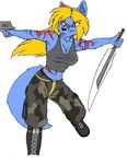  action_girl aries_passadar blonde_hair canine female grey_eyes gun hair handgun invalid_color lone_candle mammal markings melee_weapon mercenary muscular pistol pose:action ranged_weapon red_markings sword weapon wolf zucca 