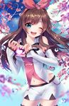  ;d a.i._channel artist_name bare_shoulders black_ribbon blue_eyes blue_sky blurry blush breasts brown_hair cherry_blossoms cowboy_shot day depth_of_field detached_sleeves eyebrows_visible_through_hair hair_ribbon heart heart_hands heart_of_string highres kizuna_ai long_hair long_sleeves looking_at_viewer medium_breasts multicolored_hair navel neck_ribbon one_eye_closed open_mouth outdoors pink_hair pink_ribbon ribbon round_teeth shirt sky sleeves_past_wrists smile solo squchan standing stomach tareme teeth two-tone_hair water water_drop white_shirt 